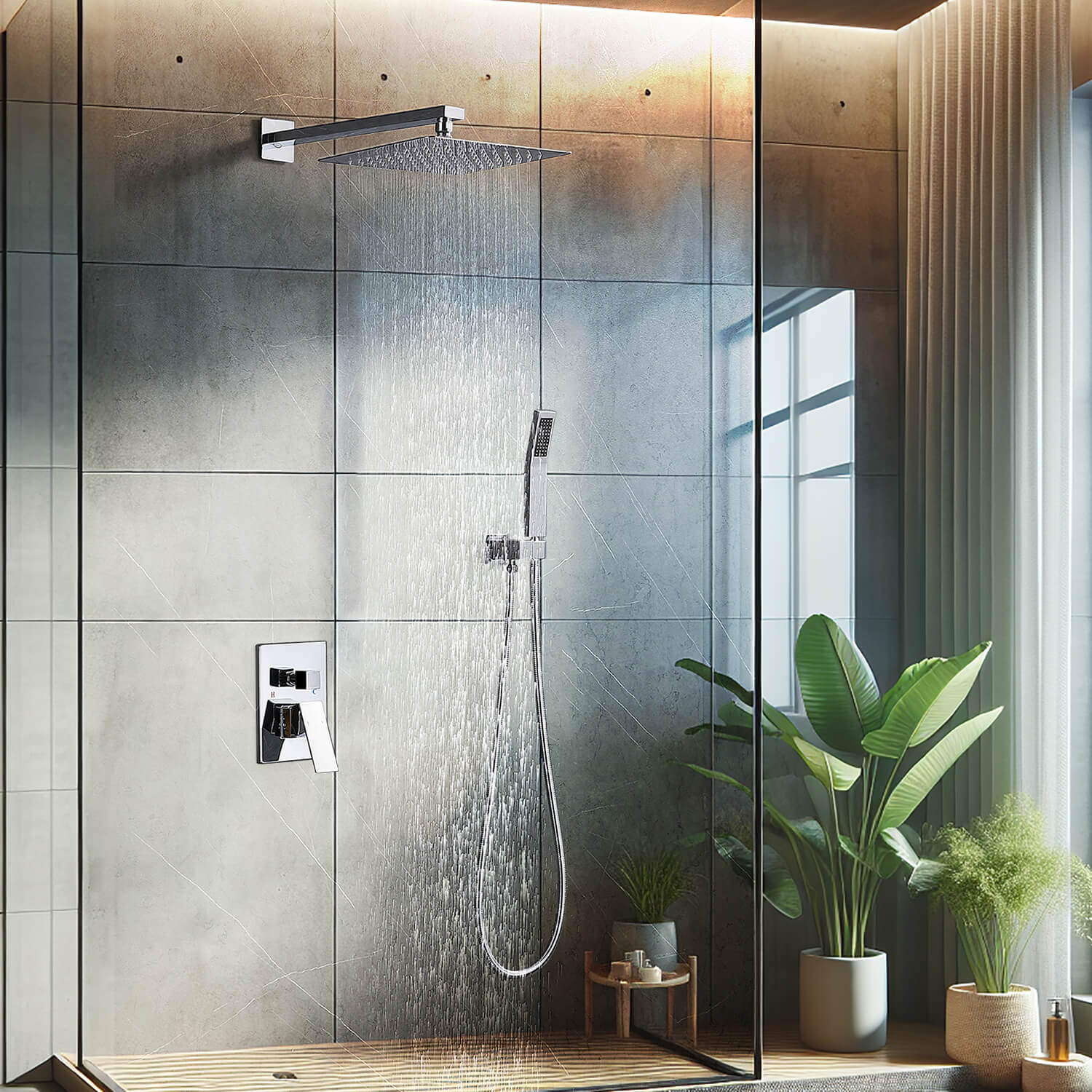 12 inch Square Shower System Rain Shower Faucet Kit with Handheld Brushed Nickel , S-12IN-SR