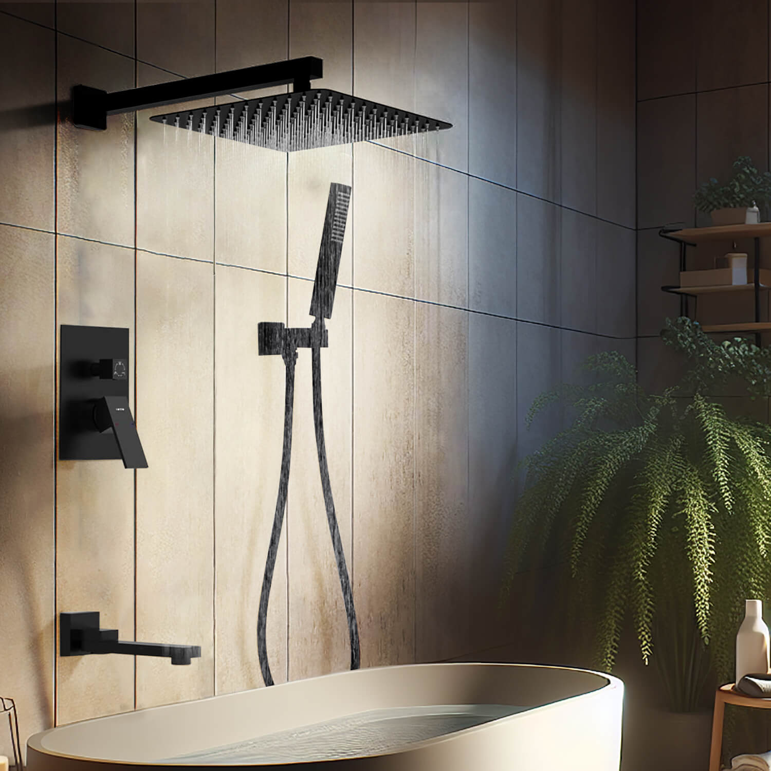 Matte Black Shower System 10 inch Shower Fixture Set Foldable Tub Spout Faucet, S-10INRT-BK
