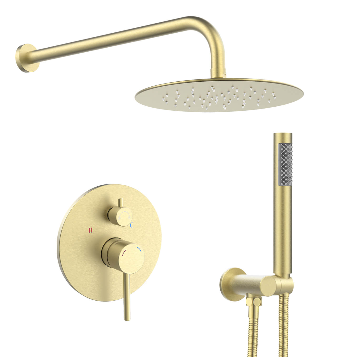 Wall Mounted Shower System with Round Shower Head and Handheld Brushed Gold, R-10IN-GD